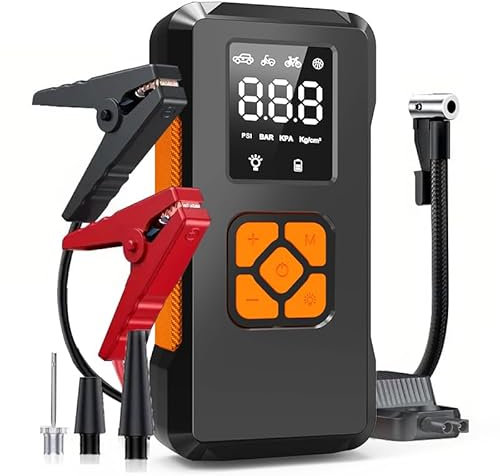 Starthilfe Powerbank mit 5000mAh 3500A Spitzenleistung,150PSI Kompressor, 4-in-1 Powerbank als Auto Starthilfe mit LCD Bildschirm mit LED Taschenlampe