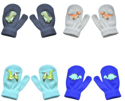 4 Paires Mitaines d'Hiver Extensibles,Gants Tricotés d'Enfants,Moufle Bebe,Moufles pour bébé en forme de dinosaure,Gants d'Hiver pour Bébé Filles Garçons,Gants en Pleins Doigts pour Tout-Petits