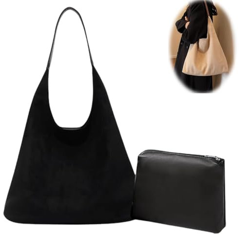 Modavo Wildleder-Einkaufstasche, modische Vintage-Handtaschen für Damen, Wildleder-Einkaufstasche für Damen, Hobo-Umhängetasche aus Wildleder (Black)