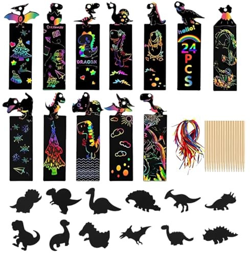 QOWIJEX 24 Pcs Carte a Gratter,Dinosaure Images à Gratter pour Enfants Avec Ruban, Stylo à Gratter Pour Travaux Manuels, Petits Cadeaux pour les Anniversaires, les Fêtes et les Loisirs Créatifs