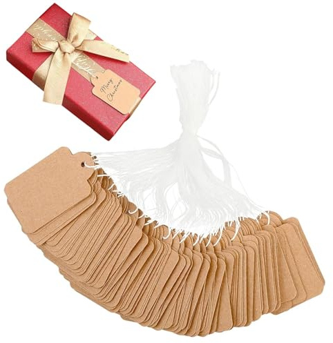 200 Stück Kleinen Preisetiketten Hängeetiketten, Braun Markierungsetiketten, 30mm*48mm Preisschilder Geschenk Anhänger mit Schnur für Schmuck Kleidung Display