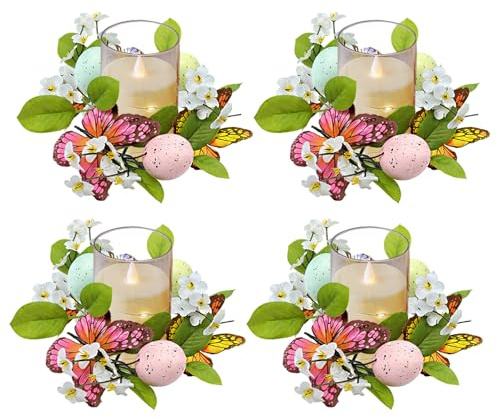 Skeadex Osterkranz Tisch,2 Stück Ostern Kerzenkranz für Stabkerzen Künstliche Ostern Kerzenkranz Klein Ostereier Osterkranz Kerzen Osterkranz Frühlingskranz Ostern Deko Kerzenring (4pcs C)