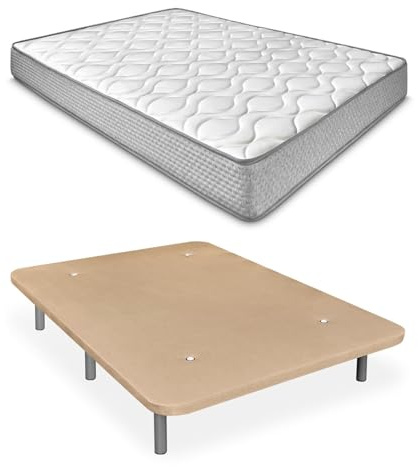 Duérmete Online - Cama Completa con Colchón Marko Reversible + Base Tapizada Extra Reforzada con 6 Patas Cilíndricas Metálicas Roscadas, 135 x 190, Beige