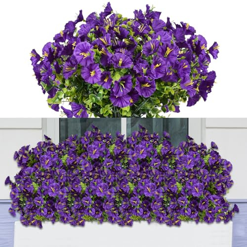 Elecoutek 6 Bunch Kunstblumen für Draußen, Balkonpflanzen Künstliche Draußen Indoor UV-beständig Plastik Blumen Balkon Garten Hochzeit Dekoration Wetterbeständig (Lila)