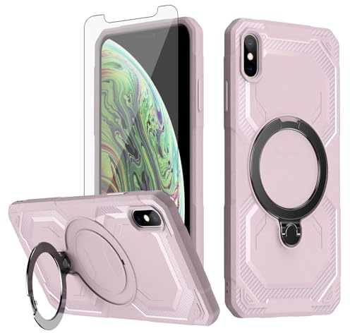 Asuwish Phone Case for iPhone Xs Max and Magnetic Ring Holder Kickstand with Tempered Glass Screen Protector Cover Cell i X XR Xsmax 10x SX Xmax 10xs 10s 10 Plus Xmaxs Women Men Carbon Fiber Pink