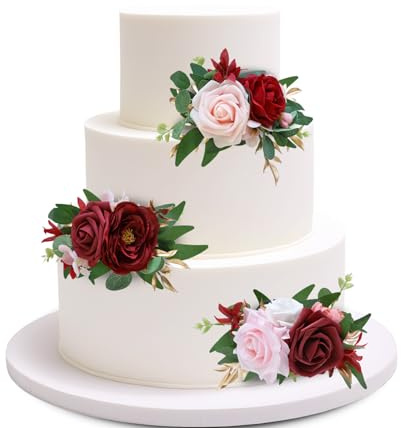 Marriwise 3Pcs Pre-made Cake Toppers Flowers, Burgundy Red Wedding Cake Decoration,Artificial Flowers Decor for Wedding Ceremony Anniversary,Birthday Party,Outdoor Forest (Burgundy Red)