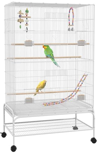 PawHut Jaula para Pájaros con Ruedas Jaula Grande con Soporte Pajarera con Bandeja Extraíble Puertas Comederos Perchas Juguetes y Estante Inferior para Canarios Periquitos 79x49x133 cm Blanco
