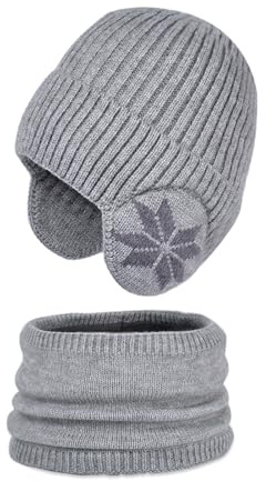 BOYSSPAA 2 Pack Kids Winter Knitted Beanie with Earmuffs Neck Protector 2-10 Years Old Girls Boys Wool Winter Thermal Hat Scarf Hat Set for Kids Insulated Cold Weather Set (grey, One Size)