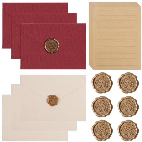22 Stück Briefpapier, Vintage Briefpapier Briefe Set mit 6 Leinenumschlag Umschläge 10 A5 Briefpapier und 6 Wachssiegel Liebesbrief für Geburtstag Hochzeits Einladung Grußkarten