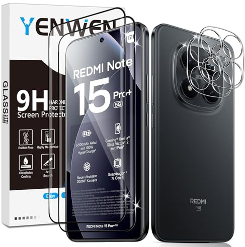 Yenwen 2 Piezas Protector de Pantalla para Xiaomi Redmi Note 15 Pro Plus 5G / POCO M8 Pro 5G con 2 Piezas Protector de Lente de Cámara, Ultra HD Cristal Templado, Dureza 9H, Anti Arañazos