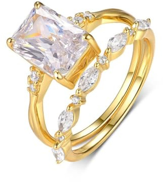 Whoiy Moissanite 585 Gelbgold Ring, Verlobungsringe 14 Karat Echtgold 2 Stück Trauringe Stapelbar Antragsring mit Moissanite 3.5ct Damenringe Größe 63 (20.1)