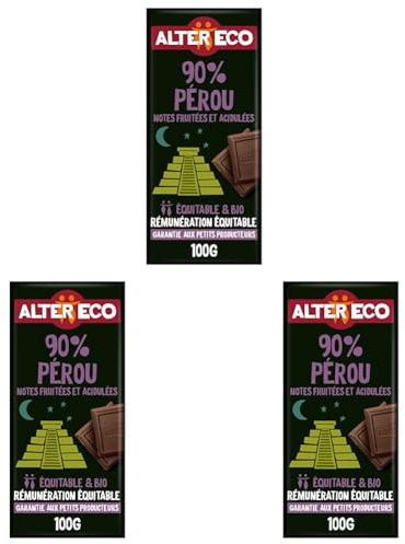 ALTER ECO - Tablette Chocolat Noir 90% - Notes Fruitées et Acidulées - Bio & Équitable - Origine Pérou - 100 g (Lot de 3)