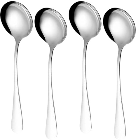 4 PCS Stainless Steel Round Soup Spoon Silver Tablespoons Dessert Spoons fits Tea, Coffee, Desserts for Restaurant Parties Home Catering Dishwasher Safe, 6.7inch