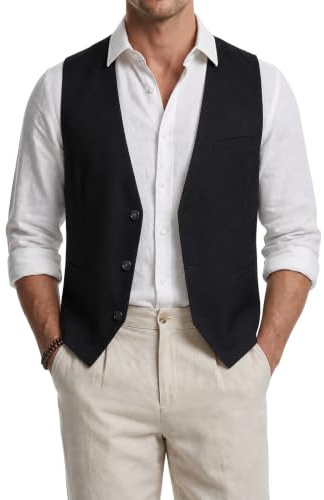 HISDERN Men's Waistcoats Casual Linen Waistcoat Solid Summer Suit Vest with Pockets for Wedding Party Business Prom