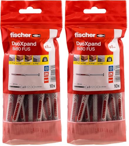 fischer DuoXpand 8 x 80 FUS, tassello universale di alta qualità con vite esagonale e disco a U sagomato (10 pz.), tasselli per una presa forte, ideale per materiali da costruzione porosi e ancoraggi