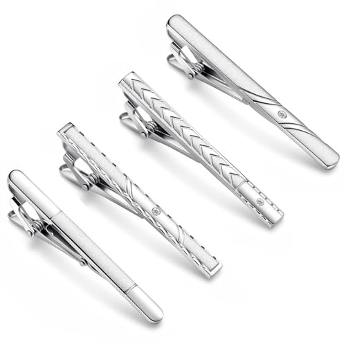 RAHHLIZS 4Pcs Tie Clip for Men Silver Tie Pin Classic Business Ties Bars | Clasps for Men for Suit Accessories Formal Business Events Wedding Anniversary Fathers Day Gift Professional Office Wear