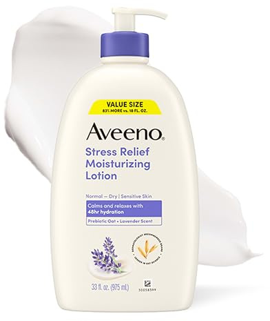 Aveeno Stress Relief Moisturizing Body Lotion with Prebiotic Oat & Lavender Scent for Sensitive Skin, Calms & Relaxes with 48 Hour Hydration, Fast Absorbing & Non-Greasy, 33 fl. oz