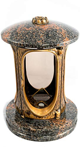Elegante lanterna funeraria Elégant Granito Aurora Finlandia, altezza 23 cm, Ø 15 cm, lampada funeraria in granito, lanterna in bronzo con base