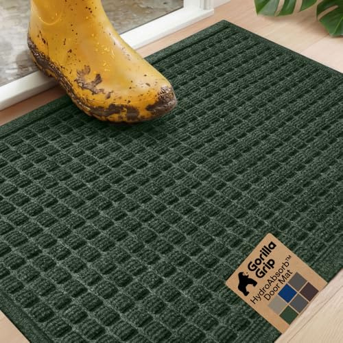 GORILLA GRIP® Ultra Absorbent Front Door Mat Outside Entrance, Traps Dirt and Moisture, HydroABSORB Indoor Outdoor Doormat Holds Up to 1.7 Cups Water, Stain and Fade Resistant Welcome Mat, 29x17 Green