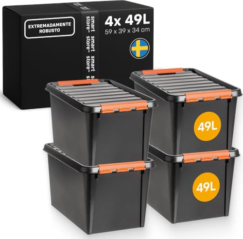 SmartStore Robust förvaringslåda i plast med lock I 49 l x 4-pack stapelbara boxar med clips I För garage, hyllor och flytt I Verktygsförvaring I Svensk-tillverkad I 59 x 39 x 34 cm förvaringsbox