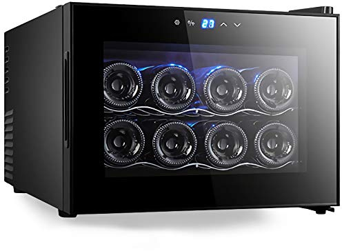 Mini Cantinetta Vino da 8 Bottiglie, Frigo Termoelettrico per Cantina, Piccola Cantinetta da Banco a umidità Costante, Ripiani in Legno, Porta in Vetro, Nero