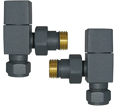Warmehaus Pair of Angled Radiator Valves Square Anthracite | for Bathroom Heated Towel Rail Radiator, 15mm Inlet, Solid Brass