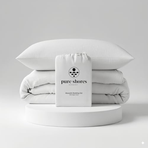 pure shores - Musselin Bettwäsche 135x200 | Bettwäsche 135x200 Baumwolle | Bettwäsche-Sets | 100% Baumwolle mit OEKOTEX | Reißverschluss | Bettwaren | Bedding Set | 1 Kissen 80x40 | Weiß