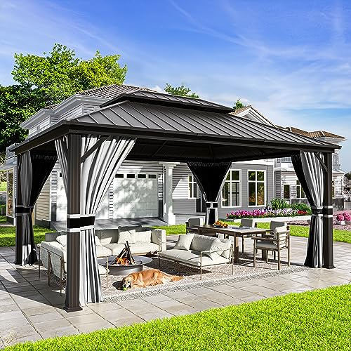 UDPATIO 3,65 x 4,85 m trädgårdspaviljong vattentät stabil vintersäker hård topp paviljong, galvaniserat stål, dubbeltak aluminium paviljong med myggnät och gardiner för trädgård, terrass, gräsmatta,