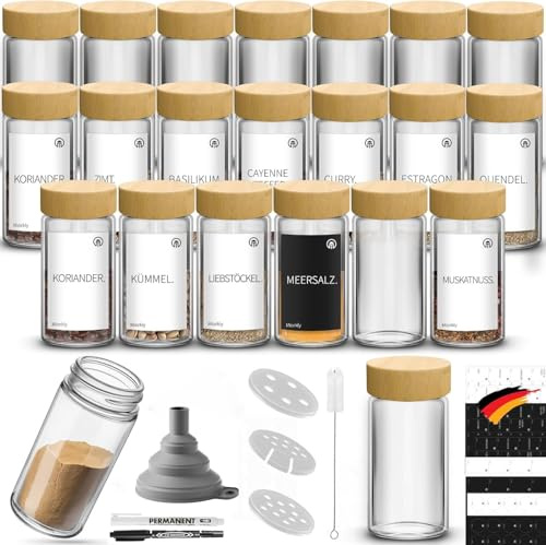 Miorkly Lot de 24 pots à épices ronds avec bac à saupoudrer - Couvercle en bois de bambou de qualité supérieure - 120 ml