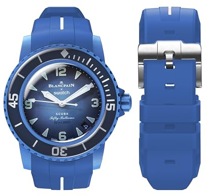 Blancpain Swatch-armband, mjukt gummiböjt ersättningsband för Swatch Blancpain, 22 mm snabbkopplingsband för Blancpain x Swatch, Blå och vit linje, 22mm, Modern