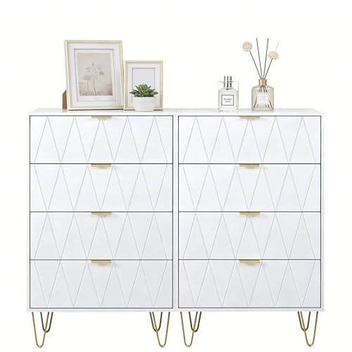 UEV Kommode 2er Set,120 x 34 x 91 cm, Schrank mit 8 Schubladen, Highboard, TV Schrank, Sideboard mit Schubladen, Schmal kommode,Schrank für Wohnzimmer Schlafzimmer,Flur(Weiß)