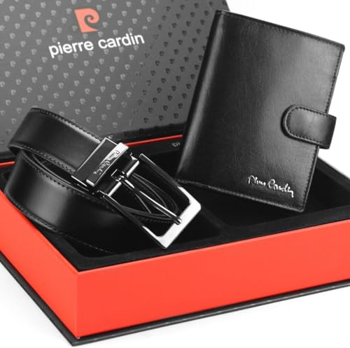 Pierre Cardin Herren Geschenke Set: Elegant Ledergürtel und Portemonnaie in Natural Leder, Schwarz - 25,5 x 19,5 cm, Gürtelgröße: 115 cm, ZG-EX-115
