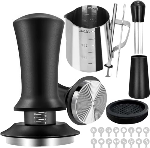 Pressino per Caffe, Set di 22 Tamper per caffè, Set di Accessori da Barista, 51 Mm, con Tamper per Espresso, Tappetino per caffè, Cucchiaio, Brocca per Schiuma, Penna E Stencil Decorativi