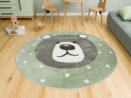 AKCILA Runden Kinderteppich Lima Grün Teddybär 160 cm, Teppiche für EIN Kinderzimmer mit kurzem Flor, Teppich für einen Jungen,Mädchen, Kinderteppich, Spielteppich, Kids Carpet