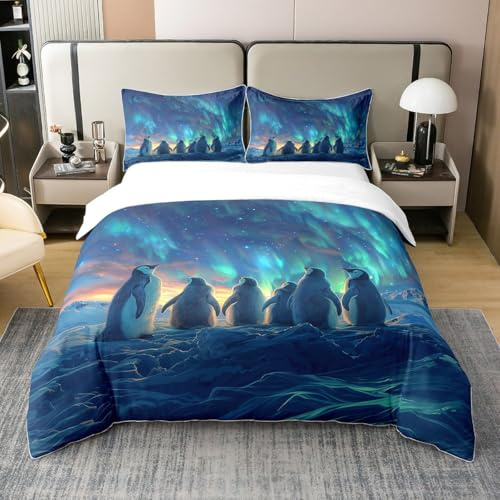 Homewish Pingouin Parure de Lit Enfants Garçons Filles 3D Pingouin Imprimé Literie Set 220x240 Animaux Antarctique Mignon Lit Set Cyan Ciel Bleu Draps Iceberg Galaxie Paysage Housse de Couette