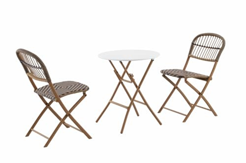 METRO Professional Conjunto Mesa y Sillas de Bistró Agujo, Juego de Muebles de Exterior de 3 Piezas, Acero/Ratán, 2 Sillas, 1 Mesa, Ideal para Terraza y Jardín, Beige/Blanco