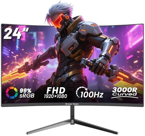 Great voell Ecran PC Gamer Incurvé 24 Pouces, 100 Hz, HDR10 (Full HD 1080P, 1920 x 1080), FreeSync, VA, 4000:1 Kontrastverhältnis, Couleur Noir
