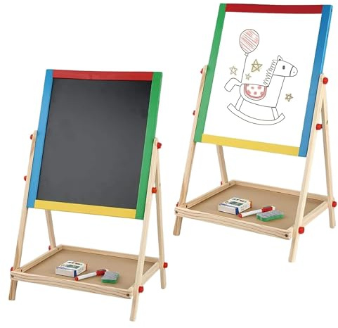 ADEPTNA 2-in-1 Wooden Art Easel Board for Kids – Double-Sided Height Adjustable Whiteboard & Blackboard – Drawing Easel for Toddlers, Children & Adults with 5 Chalks, Marker & Sponge – Sturdy Wood Fra