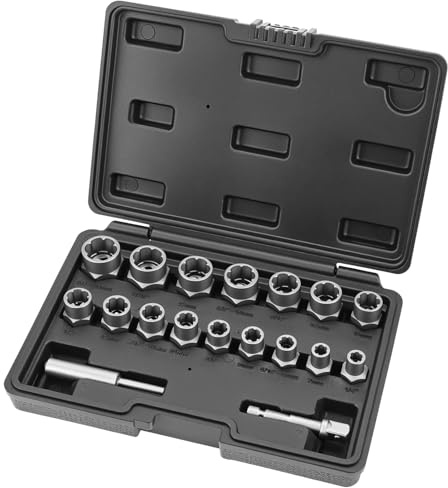 QWORK® 18Pcs Bolt Extractor Kit, Rounded Bolt Remover with 3/8 Drive, Chrome Molybdenum Steel, Black Oxide Finish,for Removing Broken and Damaged Nuts and Screws
