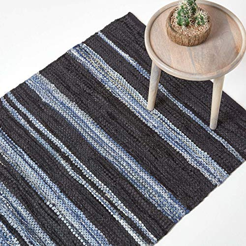Homescapes Teppich Texas 90x150 cm – Flickenteppich blau gestreift, handgewebt im Chindi-Stil aus recyceltem Leder & Denim mit Unikat-Charakter