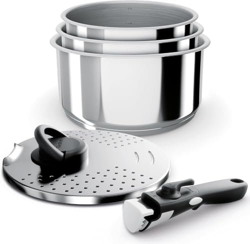 Backen 191105, Set de Casseroles 16,18,20cm, Inox, 5 Pièces, Induction, 1 poignée amovible,1 Couvercle Multipositions Métal, Empilable, Compatible lave-vaisselle, Gain de place, Garantie 5 ans.