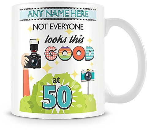 50th Birthday Gift for Men - Personalised Mug/Cup - Add Name - Not Everyone Looks This Good Design - Blue