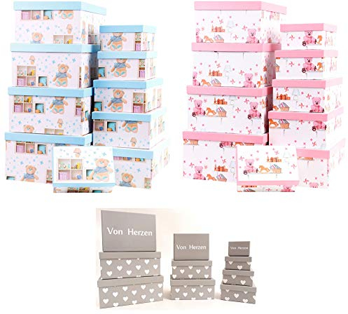 Geschenkbox Aufbewahrungsbox Kartenkarton mit Deckel - Gute Qualität Pappe Eckig - 10er Set in absteigender Größe - (Teddybär in Blau)