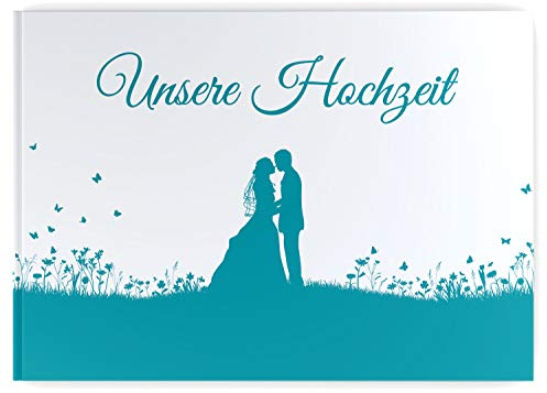 DeinWeddingshop Gästebuch Hochzeit Brautpaar, ohne Fragen blanko Hardcover hochwertig, Hochzeitsgästebuch Hochzeitsbuch Fotobuch, Leaf Couple (türkis)