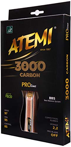 Atemi Pro Carbon 3000 Tischtennisschläger | Überlegene Kontrolle und Leistung | ITTF-zugelassenes Gummi-Rezept 2020 | Hergestellt aus natürlichem, nicht gefärbtem exotischem Holz | alle Ebenen |