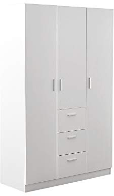 Panana Modern 3 Door Large Wooden Triple Wardrobe Clothes Closet Storage Organiser Furniture Units with Shelves and Drawers Bedroom, 115 x 49 x 181cm (White)