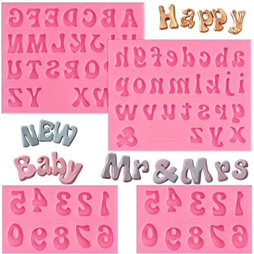 JOERSH 4PCS Silicone Letter Molds, Non-Stick 26 Letters and 0-9 Numbers Fondant Chocolate Molds for Dessert Cake Decorating, Cupcake Topper, Candy