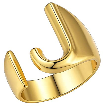 Cupimatch Anillo Abierto de latón Anillo de Dama Ajustable Simple en Negrita Iniciales Dorado(Letras J