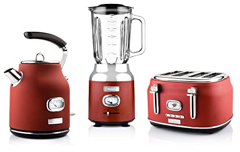 Westinghouse Retroline Frühstück-Set Rot, Toaster, Standmixer & Wasserkocher, 1.7 Liter, Kalkfilter & Überhitzungsschutz, Vier Schlitz Toaster mit Brötchenaufsatz, Standmixer 3 Geschwindigkeiten