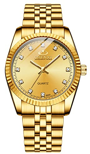 JewelryWe Herrenuhr Quarz Analog Partner Freundschafts Armbanduhr Business Casual Edelstahl Armband Herren Uhr mit Beleuchtenden Zeiger und Strass rundem Zifferblatt, Geschenk für Männer Junge, Gold